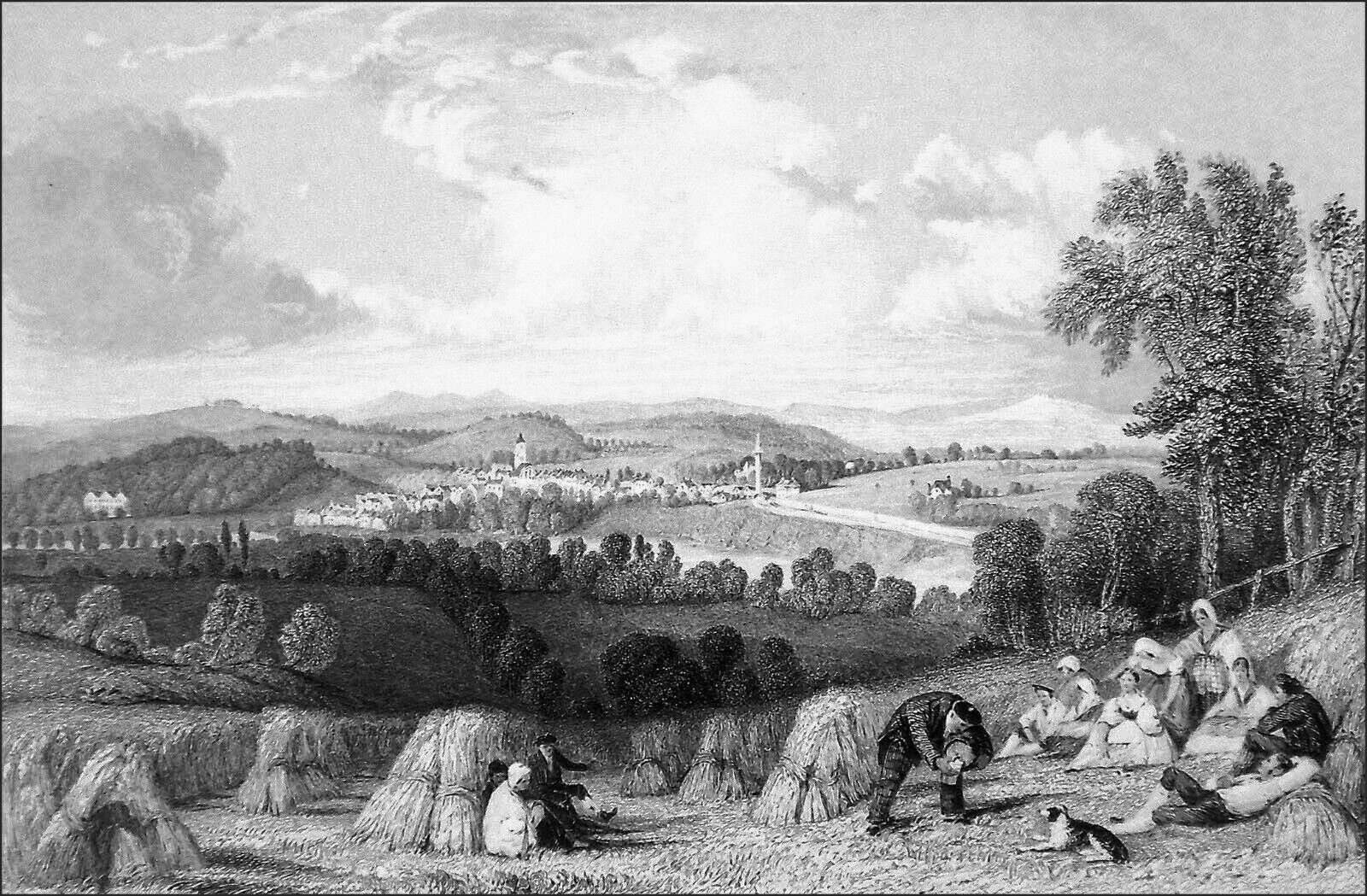 Black and white engraving of Coldstream viewed from the English side